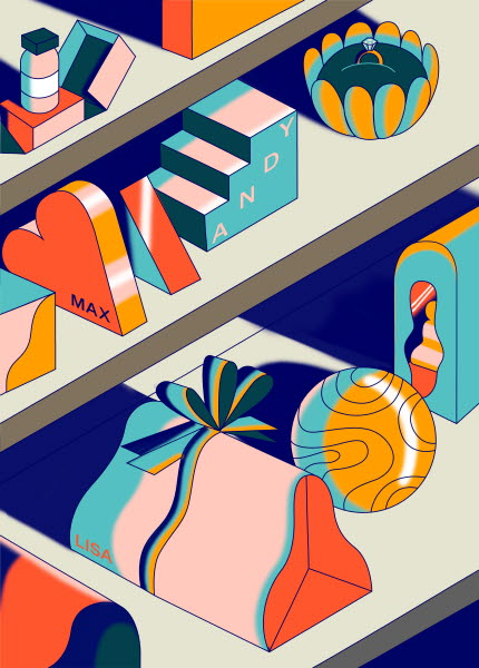 Illustration och beauty packaging on shelfs