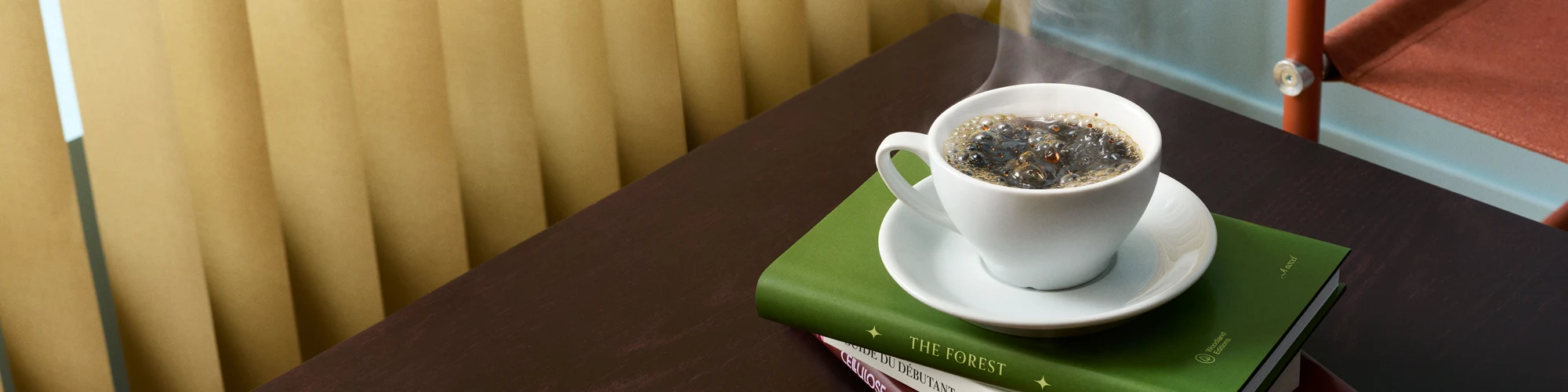 Cup of coffee resting on books beside a chair, suggesting a calm moment for reading a newsletter.