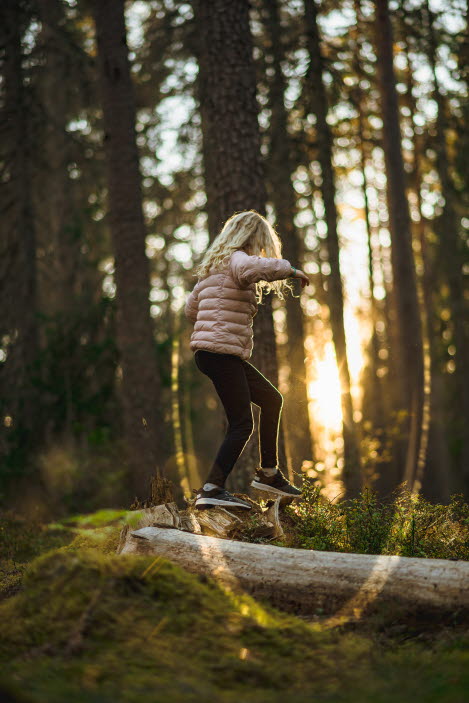 En flicka balanserar p&aring; en stock i skogen
