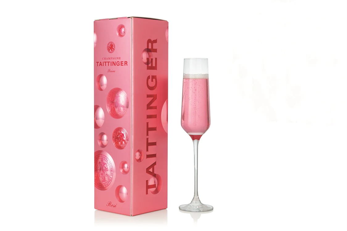 taittinger rosé lens box with champange class on the side