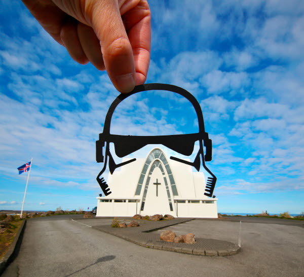 Paperboyo Paperboard art Stormtrooper head on Kópavogskirkja, Iceland