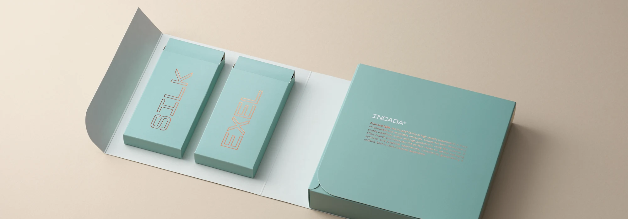 Open blue paperboard box on beige background