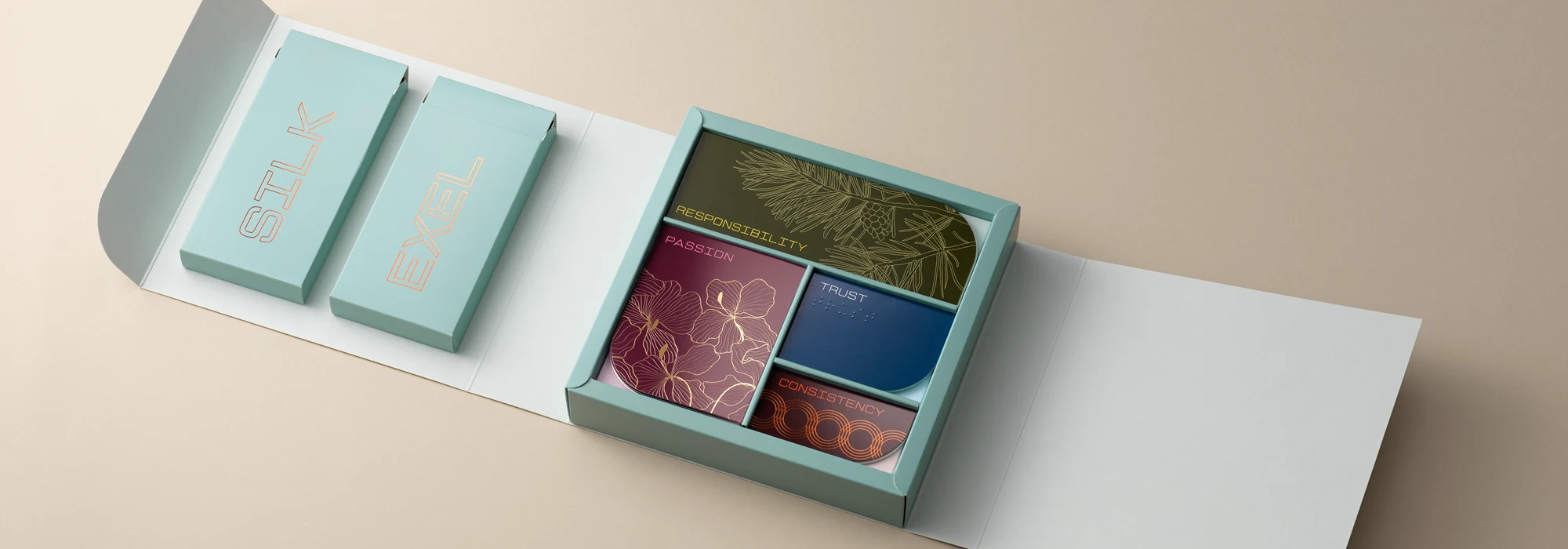 Open paperboard box placed on beige background