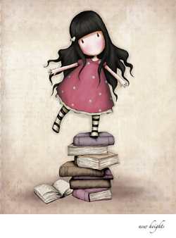 Greeting card with an illustration of a child standing on top of books