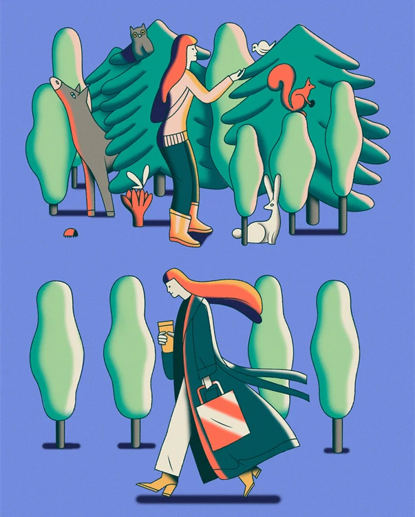 森林中女子与动物的彩色插图
