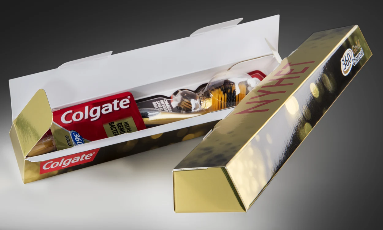 Packaging For Golden Colgate Toothbrush On Metalprint Digital