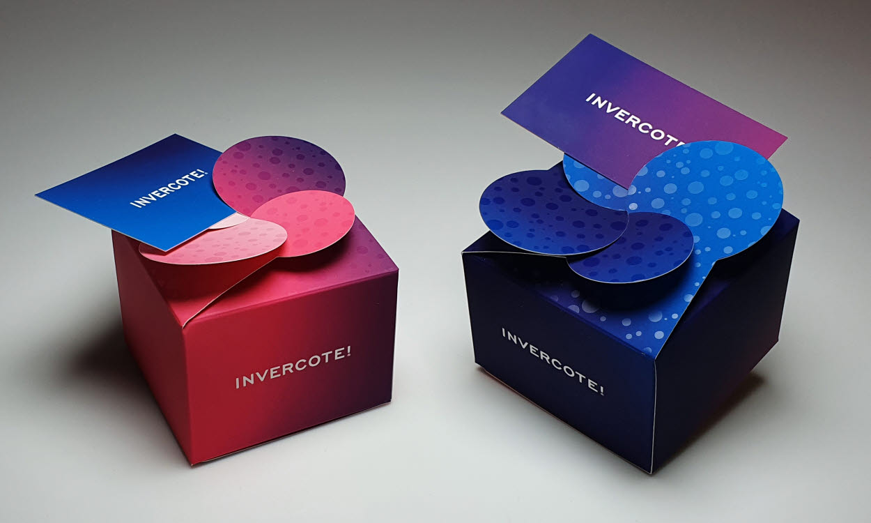 Digitally printed Invercote boxes in blue and pink