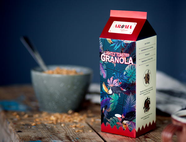Granola box for AROMA, designed by Carike Smit