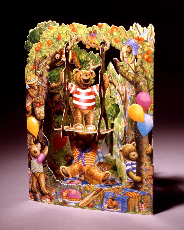 Santoro 3D greeting card of bears on a swing in apple tree