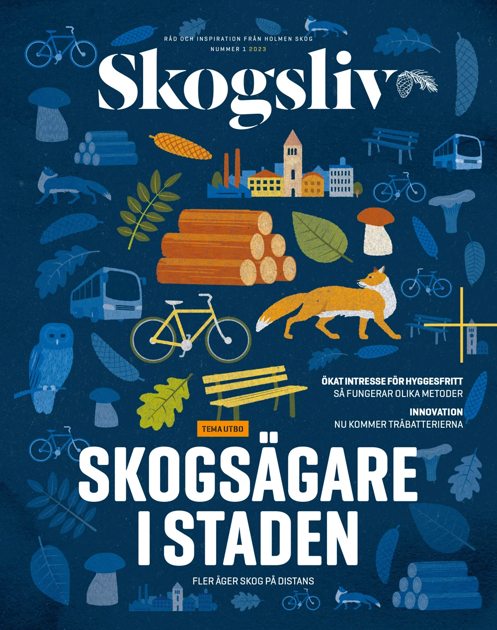 Illustrerat omslag av magasinet Skogsliv. Blå bakgrund med illustrationer av bl.a. en räv, cykel, parkbänk, löv, stadssiluett, svamp.