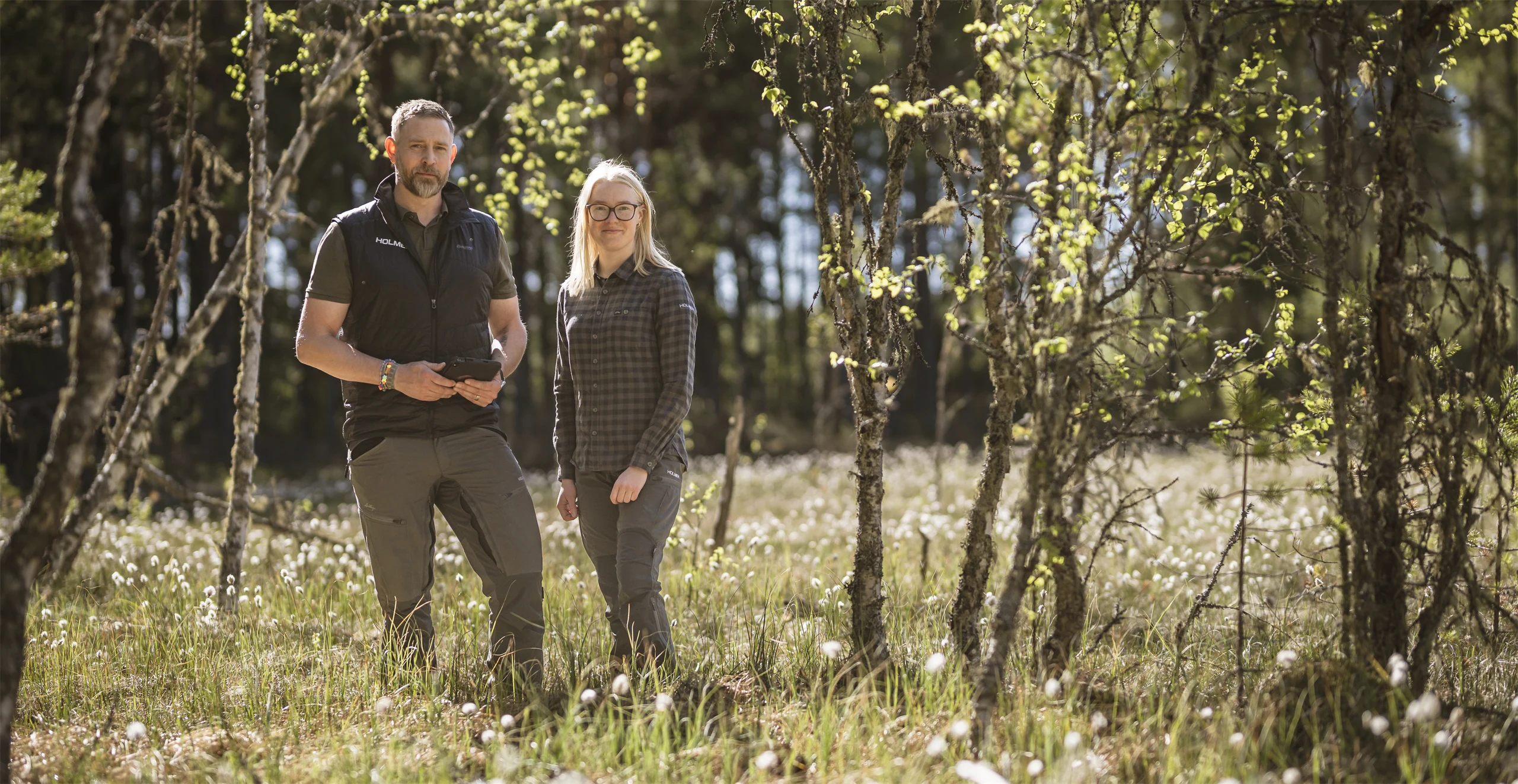 Picture of a man inspecting a log in the forest