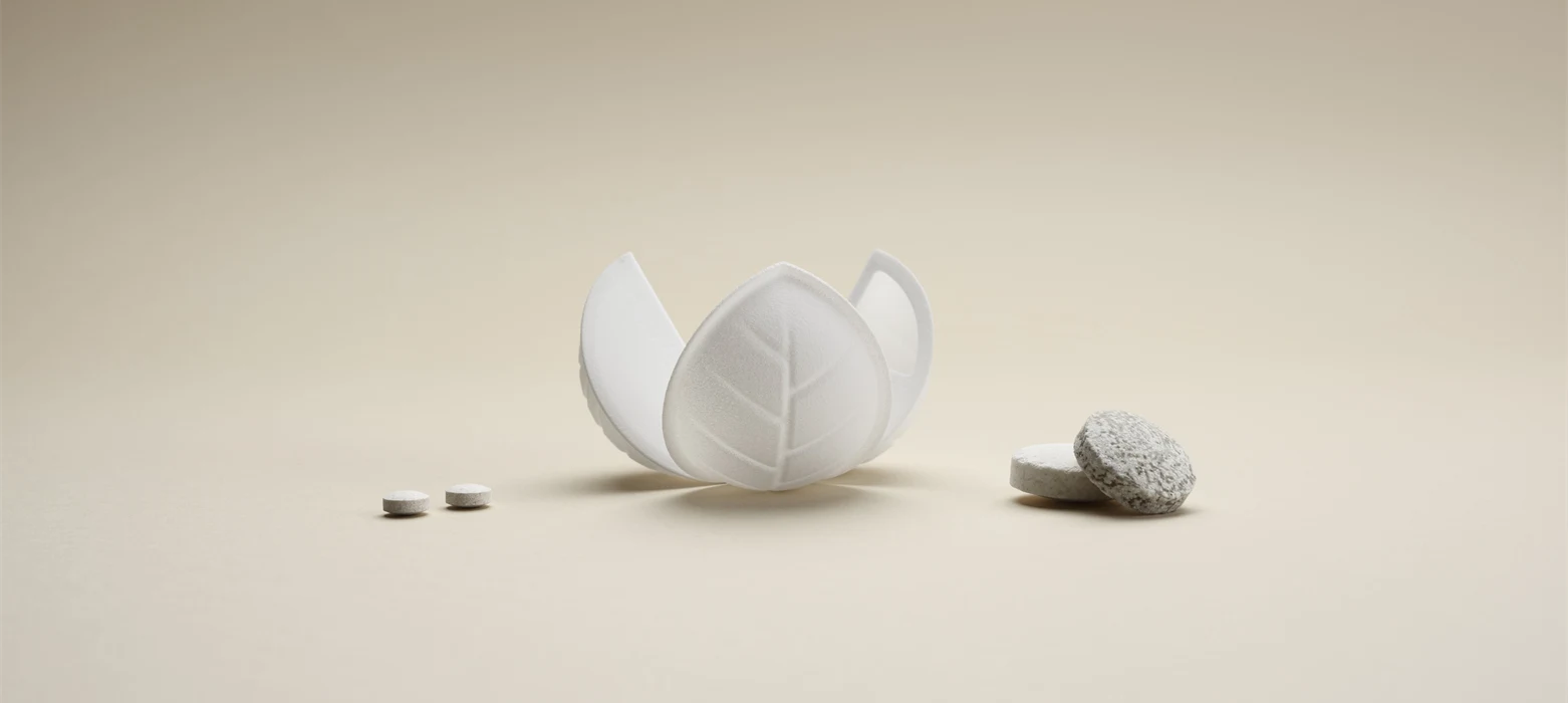 Flowerlike wood-based packaging on beige background, dissolvable tablets spread out around it