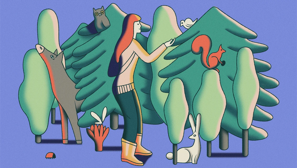 Colourful illustration of woman with animals in the forest