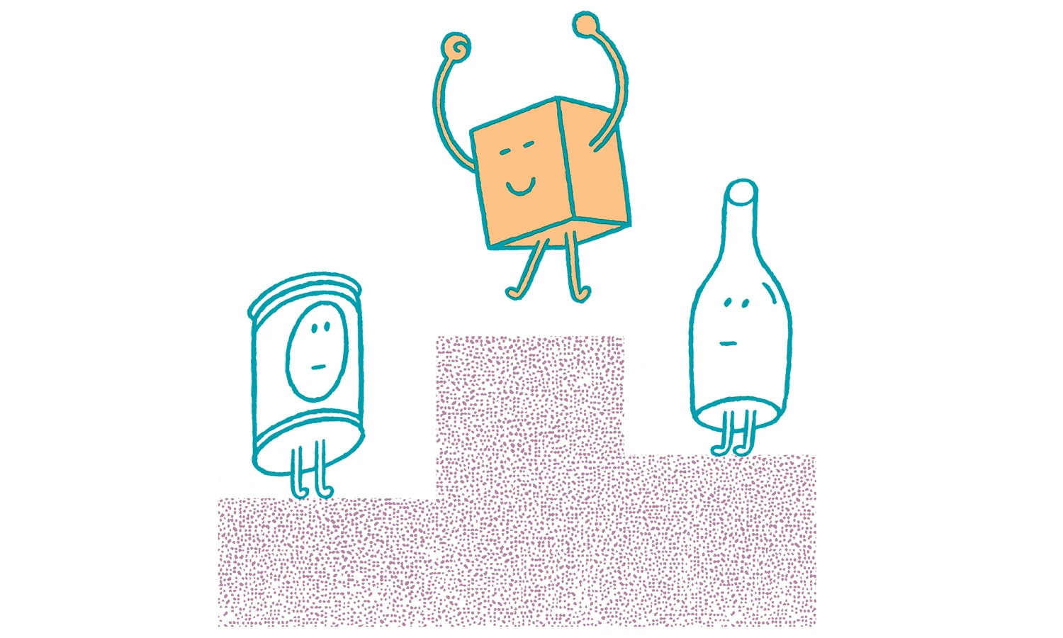 Illustration of paperboard box winning over plastic bottle and metal can