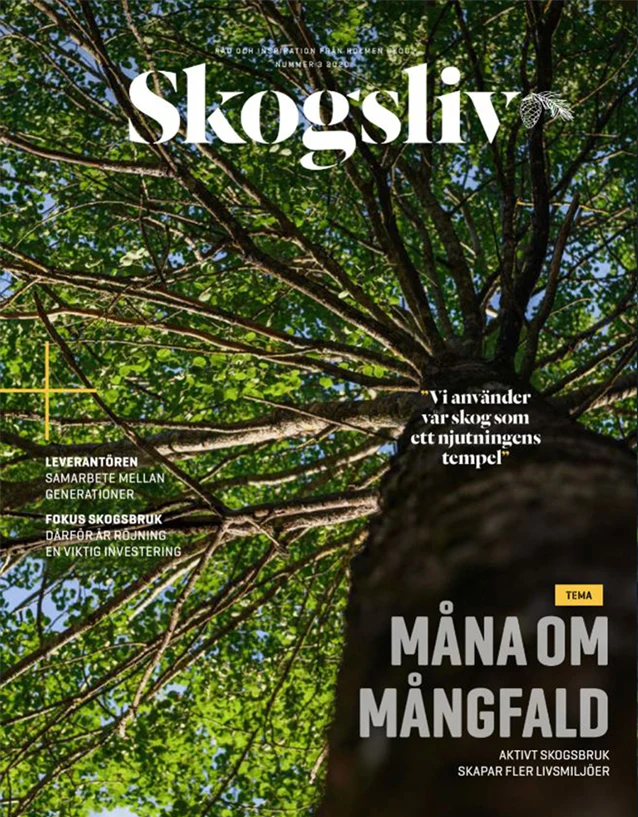 Omslag på magasinet Skogsliv nr 3 2020 med en stor ask och texten "Måna om mångfald"