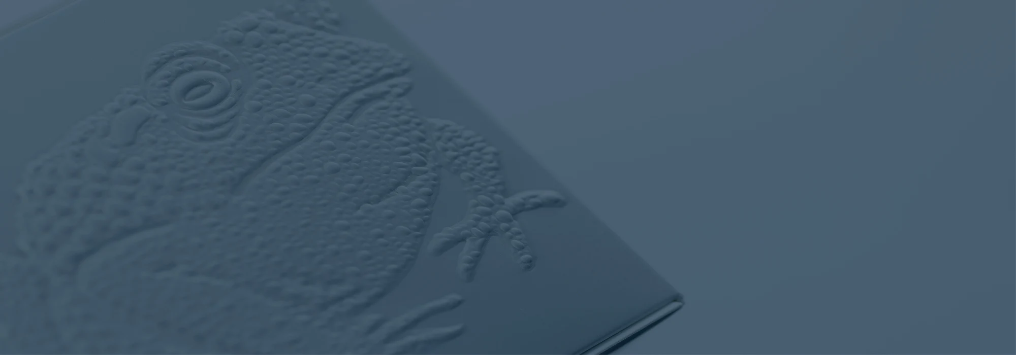 Blind embossed frog on a paperboard box, blue overlay colour