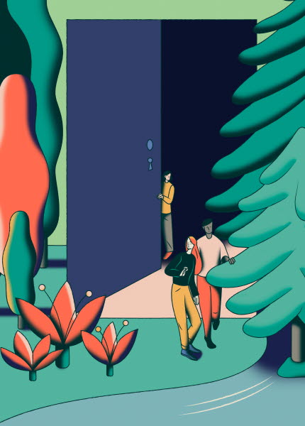 Colourful Illustration Of People Waling Through a Door to the Forest