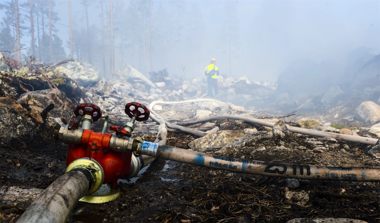 Brandslangskoppling i rökfylld skog.